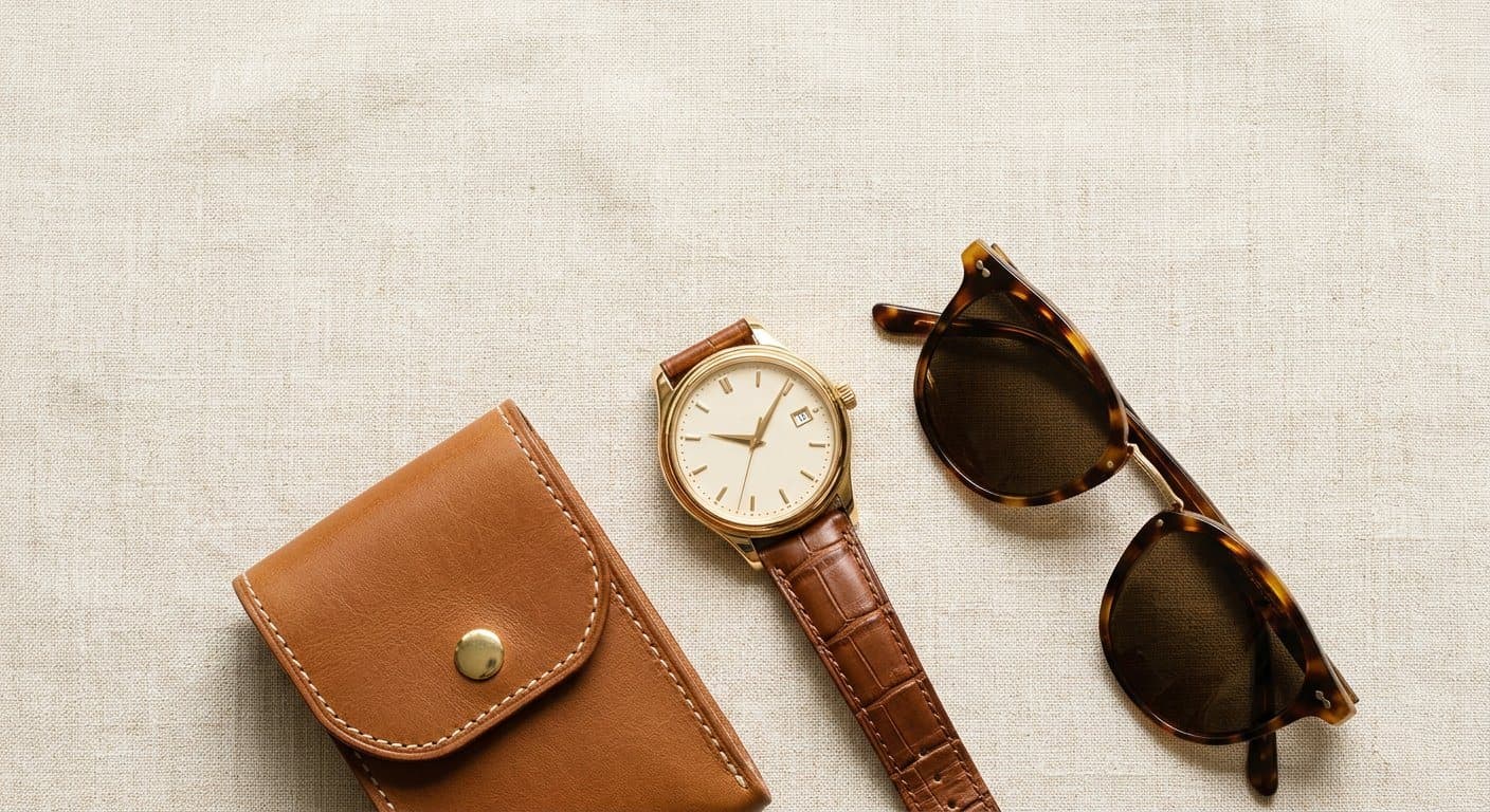 Gold dress watch with tortoiseshell sunglasses on linen
